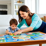 ** A fully clothed, professional mother playing a family-friendly educational game with her child in a brightly lit living room. Safe for work, appropriate content, perfect anatomy, natural proportions, modest clothing.

**