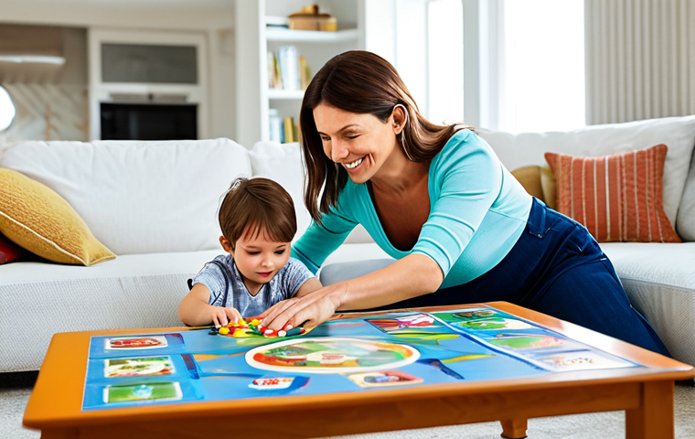 ** A fully clothed, professional mother playing a family-friendly educational game with her child in a brightly lit living room. Safe for work, appropriate content, perfect anatomy, natural proportions, modest clothing.
**