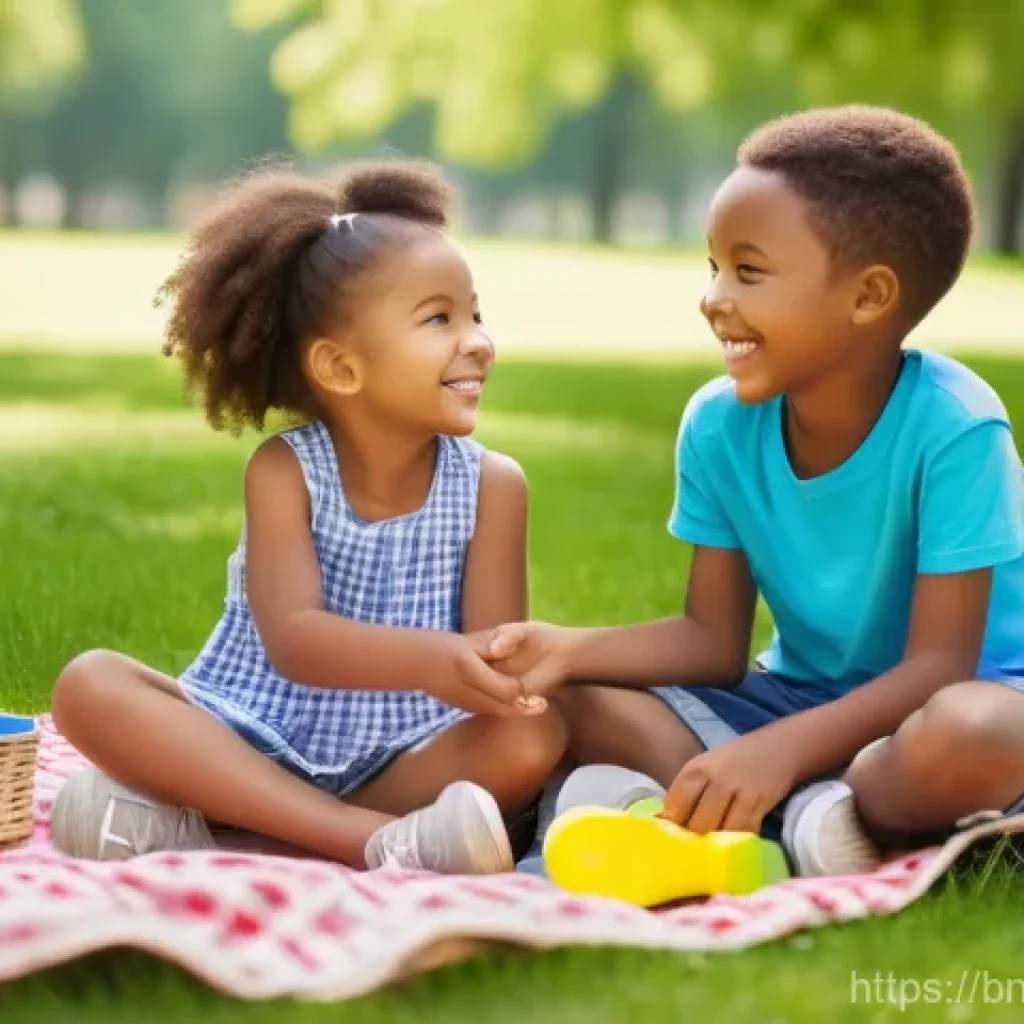 자녀의 친구 관계 지도 - **Prompt:** A heartwarming scene of two diverse children, approximately 6-7 years old, playing toget...