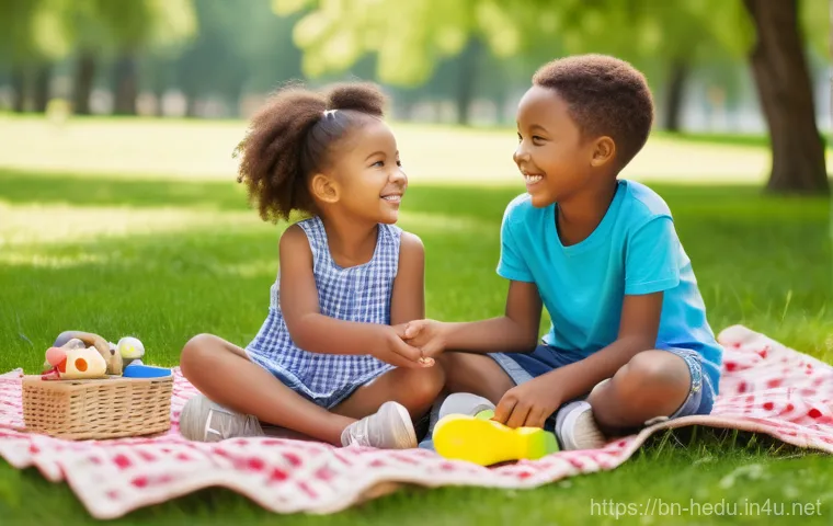 자녀의 친구 관계 지도 - **Prompt:** A heartwarming scene of two diverse children, approximately 6-7 years old, playing toget...