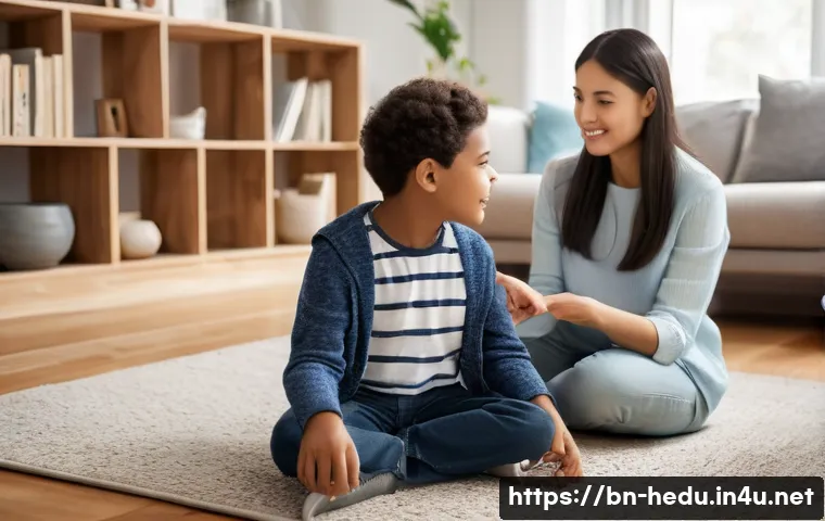 부모의 갈등 해결 모델링 - **Prompt: "A serene family moment in a cozy living room. A mother and father are seated on a comfort...