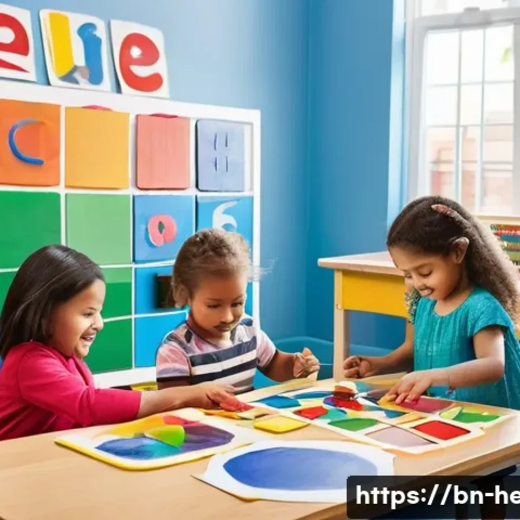 아동 발달 단계별 교육 - **Prompt:** A vibrant and joyful scene of diverse children, aged 3-5, actively engaged in an early c...