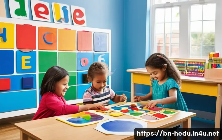 아동 발달 단계별 교육 - **Prompt:** A vibrant and joyful scene of diverse children, aged 3-5, actively engaged in an early c...