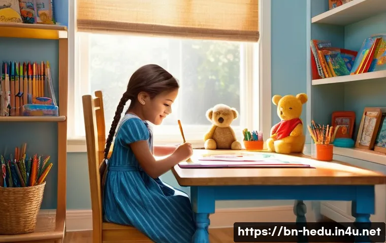 부모가 자녀에게 해서는 안 될 말 - **Prompt 1: Encouraging Young Artist**
    "A cozy, brightly lit children's room. A 7-year-old girl,...