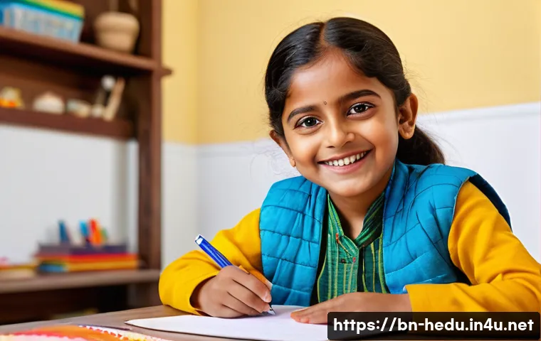 자녀의 자존감 높이는 법 - A joyful Bengali child around 6 years old, wearing colorful casual clothes and sitting at a small de...