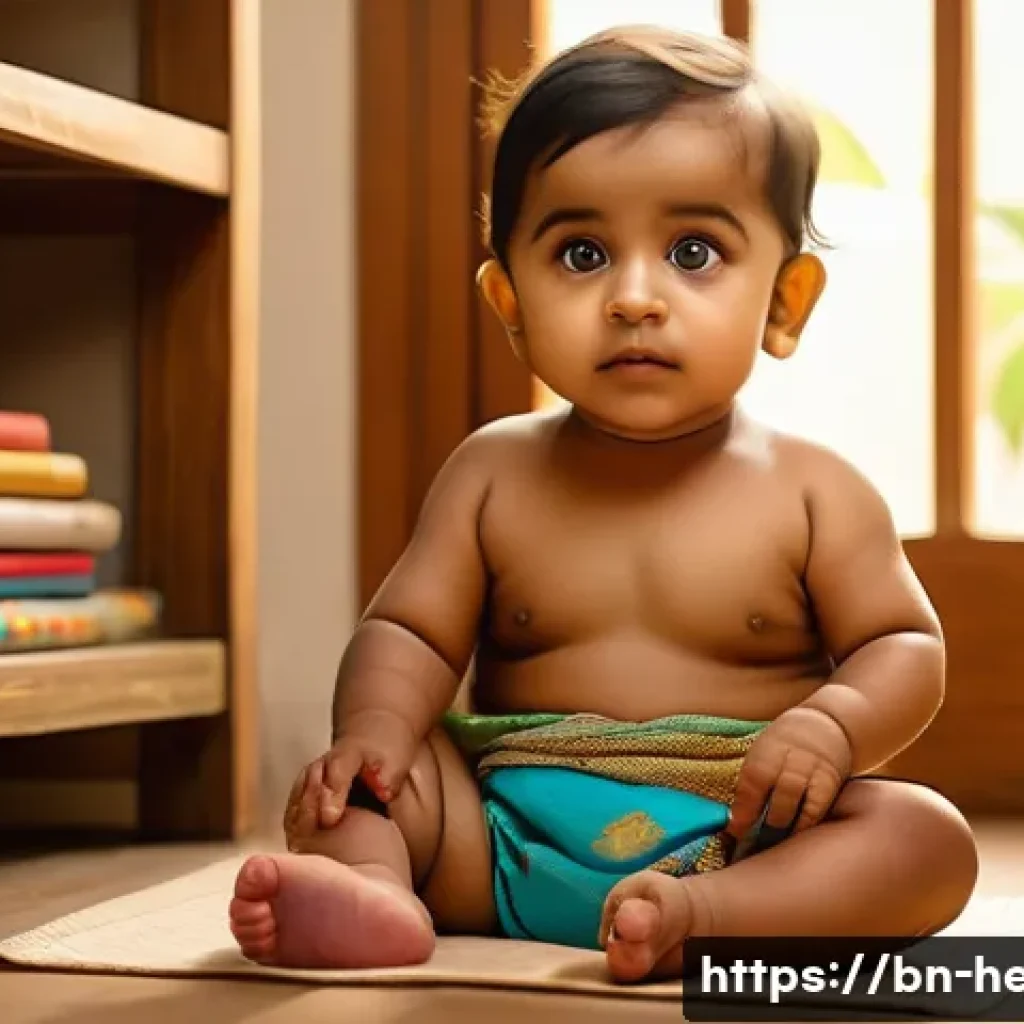 자녀의 분노 조절 지도 - A tender scene of a Bengali toddler wearing a colorful diaper, sitting calmly in a cozy, softly lit ...
