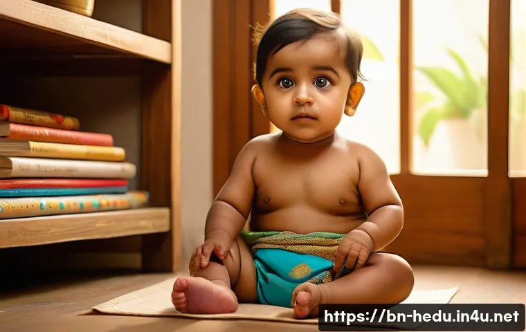 자녀의 분노 조절 지도 - A tender scene of a Bengali toddler wearing a colorful diaper, sitting calmly in a cozy, softly lit ...