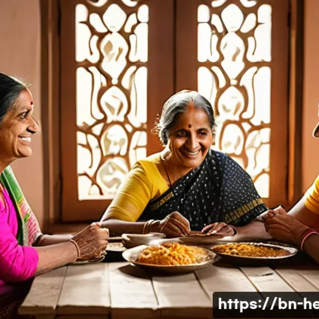 가족 간 소통을 원활하게 하는 법 - A warm family scene in a cozy Bengali home, showing multiple generations sitting together at a dinin...