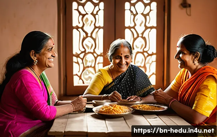 가족 간 소통을 원활하게 하는 법 - A warm family scene in a cozy Bengali home, showing multiple generations sitting together at a dinin...