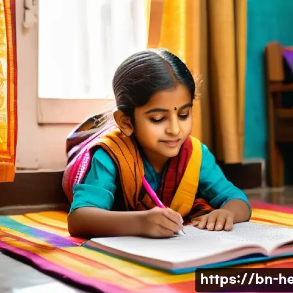 아이와 함께하는 감정일기 쓰기 - A warm, cozy family scene in a Bengali household living room, where a young Bengali child wearing co...