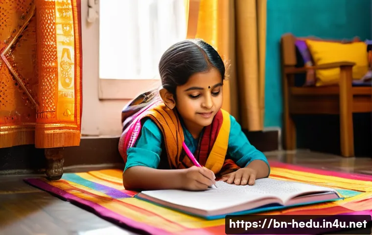 아이와 함께하는 감정일기 쓰기 - A warm, cozy family scene in a Bengali household living room, where a young Bengali child wearing co...