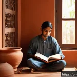 책 읽기 습관 형성 방법 - A serene early morning scene featuring a young Bengali adult sitting cross-legged in a cozy corner o...