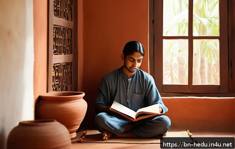 책 읽기 습관 형성 방법 - A serene early morning scene featuring a young Bengali adult sitting cross-legged in a cozy corner o...