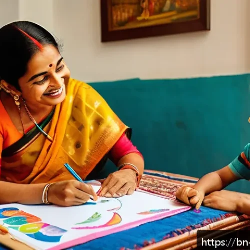 아이와의 공동 목표 설정 - A joyful Bengali family scene inside a cozy living room, featuring an 8-year-old boy practicing draw...