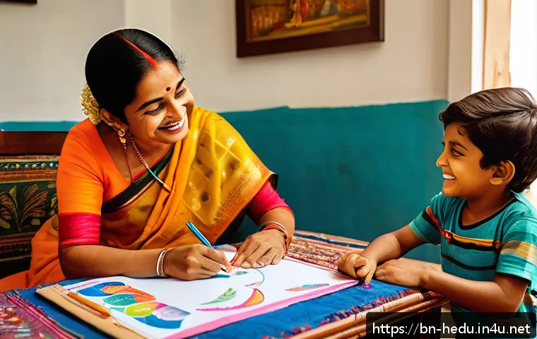 아이와의 공동 목표 설정 - A joyful Bengali family scene inside a cozy living room, featuring an 8-year-old boy practicing draw...