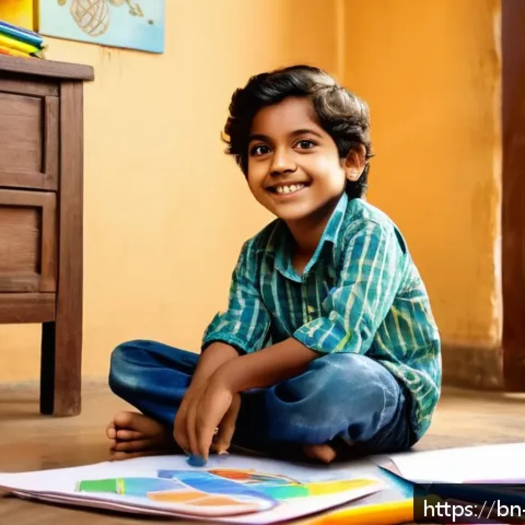 아이의 독립심 키우기 - A joyful young Bengali boy, around 6 years old, wearing colorful casual clothes and sitting cross-le...