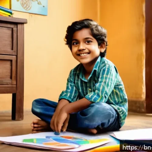 아이의 독립심 키우기 - A joyful young Bengali boy, around 6 years old, wearing colorful casual clothes and sitting cross-le...