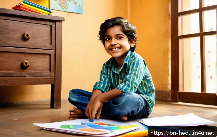아이의 독립심 키우기 - A joyful young Bengali boy, around 6 years old, wearing colorful casual clothes and sitting cross-le...