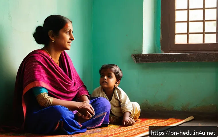 아이의 불안과 두려움 다루는 방법 - A warm, cozy indoor scene showing a Bengali mother attentively listening to her young child who is s...