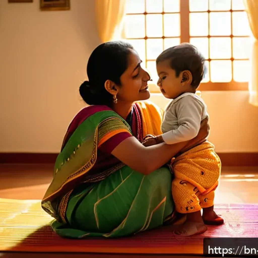 훈육에서 긍정적 언어 사용법 - A tender scene of a Bengali mother speaking softly to her toddler son wearing a colorful diaper, sit...