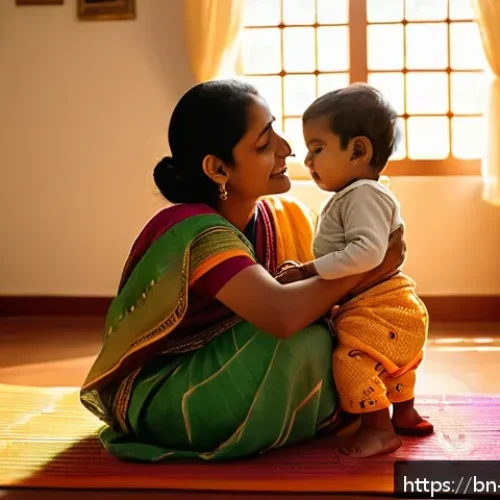 훈육에서 긍정적 언어 사용법 - A tender scene of a Bengali mother speaking softly to her toddler son wearing a colorful diaper, sit...