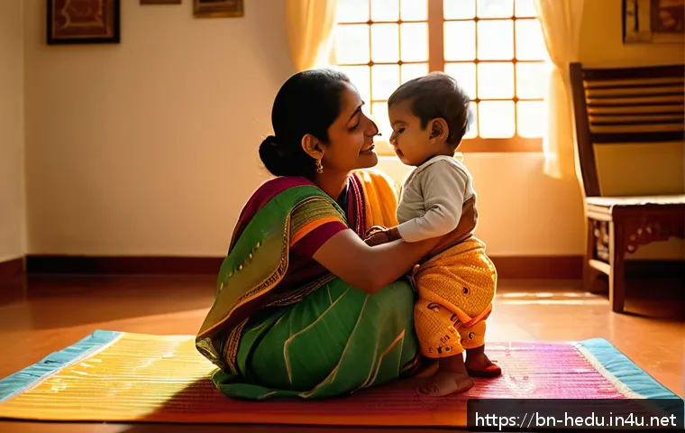 훈육에서 긍정적 언어 사용법 - A tender scene of a Bengali mother speaking softly to her toddler son wearing a colorful diaper, sit...