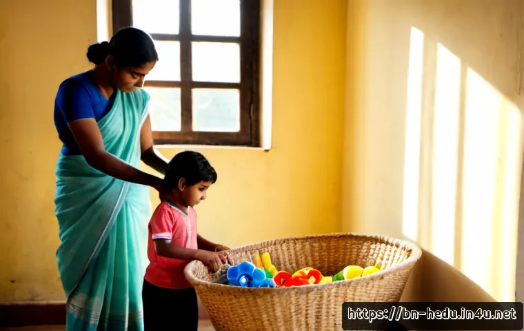 자녀의 책임감 교육법 - Photorealistic Bengali family home, a mother calmly guiding her school-age child as the child carefu...