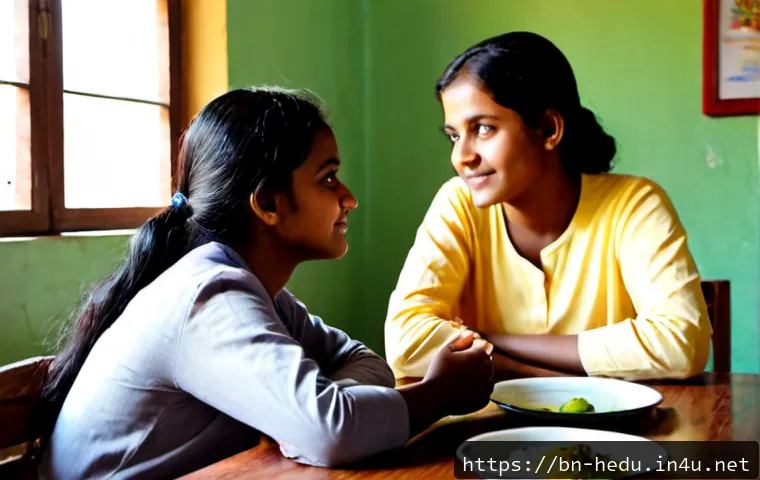 부모와 아이의 상호 존중 훈련 - Photorealistic Bangladeshi mother and school-age daughter sitting face-to-face at a tidy dining tabl...