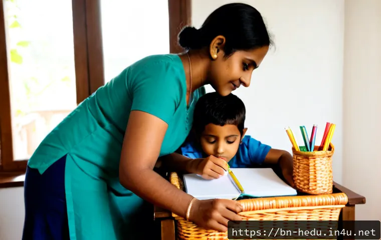 집중력 향상을 위한 훈육법 - Photorealistic Bengali family scene in a bright, tidy home study corner: a calm mother gently guidin...